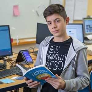 Chico de 4º de ESO rodeado de medios digitales